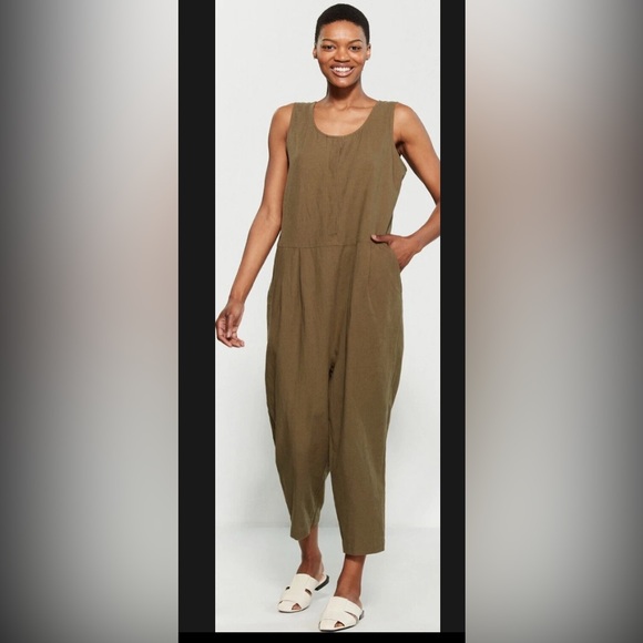 Eileen Fisher Organic Cotton Crepe Olive Slouchy Cropped Jumpsuit , size M - Picture 4 of 11